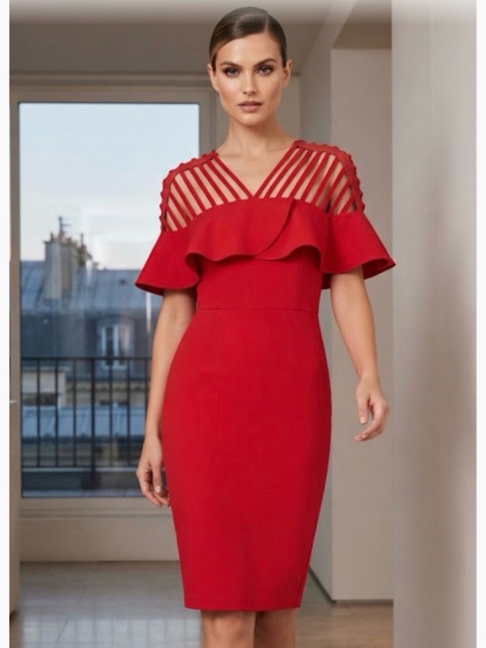 Gracia Red Midi Dress with Strappy Yoke and Ruffle
